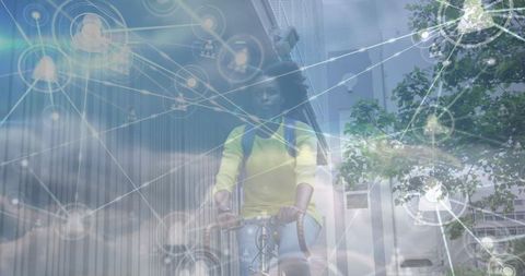 Woman Biking Through Urban Environment with Digital Networks