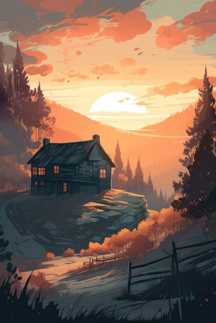 Wooden cabin with lit windows in mountain landscape, created using generative ai technology. Cabin, vacation, nature and scenery concept digitally generated image.