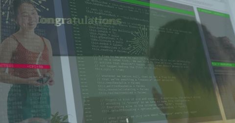 Coding Team Celebrating Build Success with Woman Holding Controller and Reflected Screens