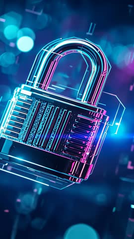 Vertical video: Glowing padlock rotating in neon cyber backdrop, cybersecurity tech ads
