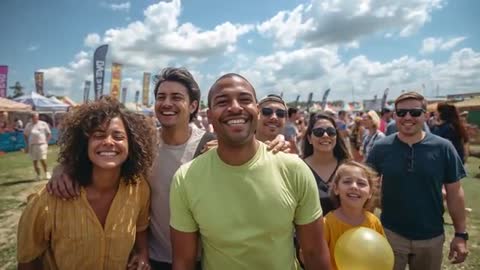 Multigenerational group smiling and walking toward camera at outdoor summer festival