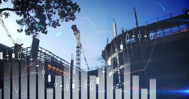 Showing construction site with financial graph overlay, this mixed media can illustrate business growth, infrastructure development, economic progress, and investment opportunities. Useful for business blogs, financial reports, development projects, and investment presentation materials.