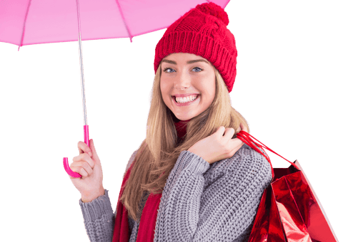 Transparent Background Festive Woman Shopping with Pink Umbrella