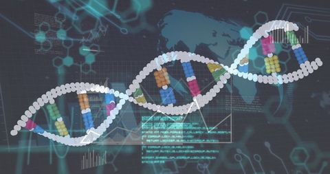 Digital DNA Strand on Futuristic Interface with World Map