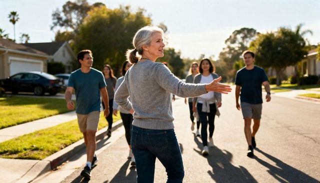 Senior woman welcoming neighborhood walkers on sunny suburban street