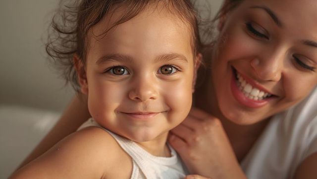 Smiling toddler cuddling with mother on sofa, warm natural light, intimate family moment