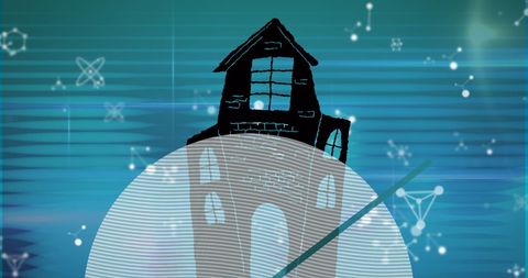 Abstract house and molecular shapes on blue digital interface