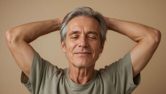 Relaxing mature man closing eyes with hands behind head, serene gray-haired senior portrait