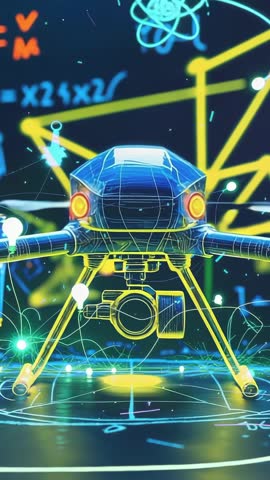 Opening Virtual Lab Revealing Neon Drone Hovering Above Grid Projecting Data Nodes