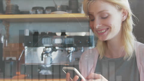 Smiling Woman with Smartphone and Graphs in Modern Cafe