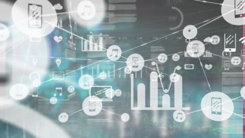 Futuristic Network Icons Overlapping Cityscape with Data