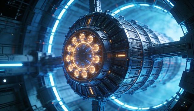 Spinning futuristic reactor core glowing orange emitters surrounded by neon blue rings