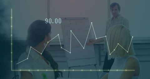 Presenting team analyzing data on flipchart with digital chart overlay and analytics brief