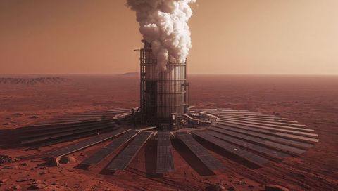 Mars geothermal power hub rising with radial solar array and towering steam plume