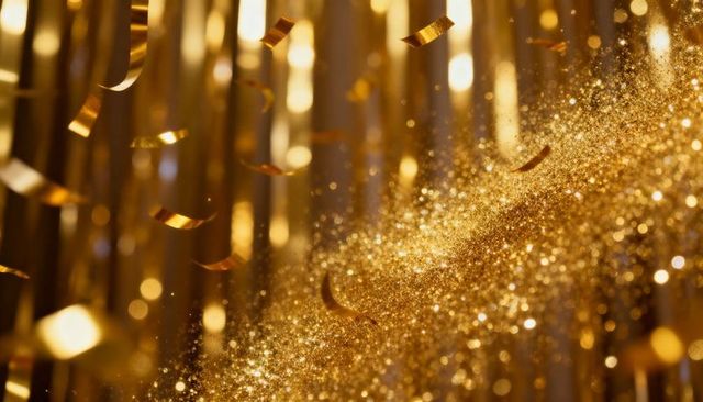 Glittering gold confetti and tinsel background with shimmering particles for celebration