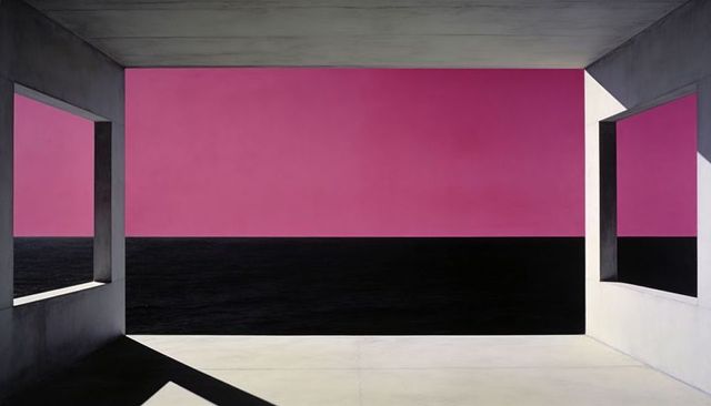 Concrete pavilion framing magenta horizon over black sea, minimalist architectural view
