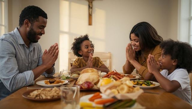 Family Praying at Dinner Tabl Reviewing Unity and Gratitude