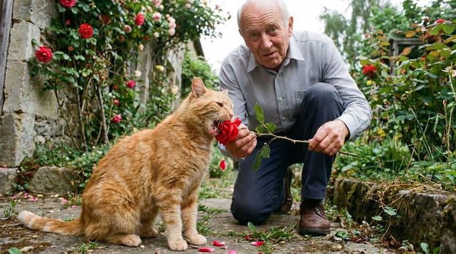Elderly man kneeling offering red rose to orange tabby on stone garden path for companionship