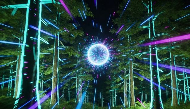 Glowing orb floating through neon pine forest at night with cyan magenta light trails