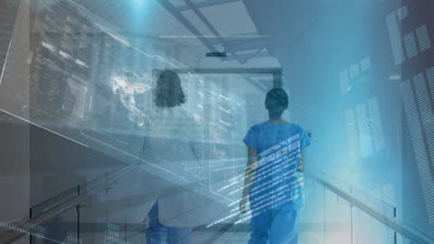 Doctors in Hospital Corridor with Futuristic Data Overlay