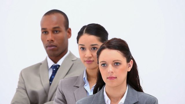 A diverse group of professionals standing confidently in a line. They wear business attire, showcasing unity and teamwork in a corporate setting. Perfect for articles or websites focused on diversity in the workplace, team building, corporate hierarchy, and business networking.