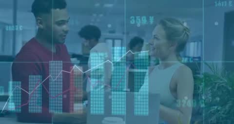 Colleagues Discussing Financial Analytics with Data Overlays in Modern Office