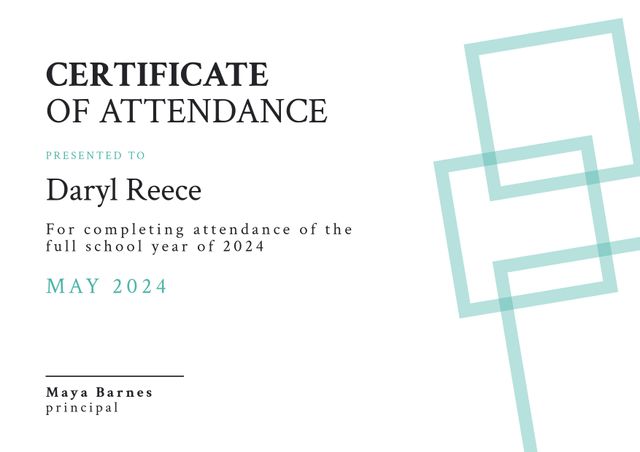 This digital certificate of attendance features a clean, modern design with teal and gray geometric decorations on a white background. It indicates attendance completion for the full school year of 2024. Perfect for recognizing student achievement in educational institutions, it can be customized with student names and presented digitally or printed. Ideal for schools, colleges or training programs to certify student participation and dedication.