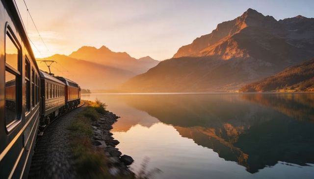 Golden sunrise train curving along alpine lake shoreline with dramatic mountain reflections