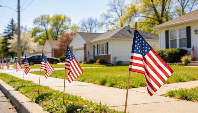 American flags lining suburban sidewalk waving in spring neighborhood patriotic display