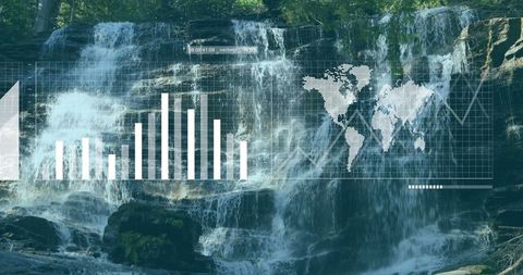 Waterfall with Digital Data Overlay in Nature Setting