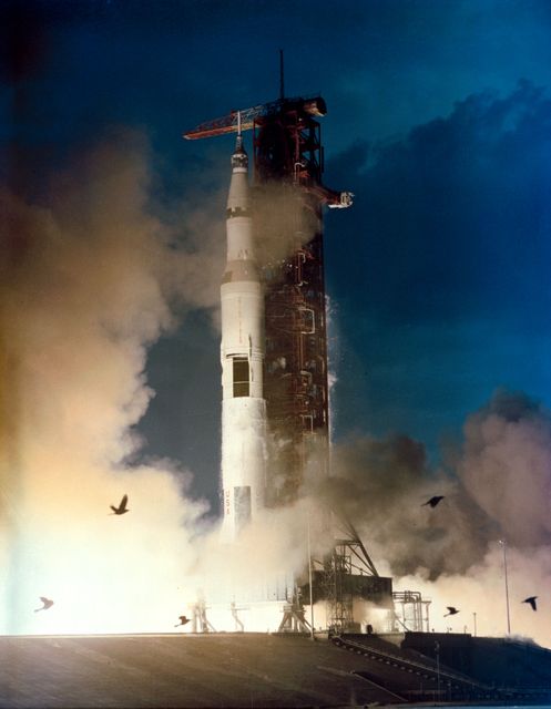 S71-18395 (31 Jan. 1971) --- The huge, 363-feet tall Apollo 14 (Spacecraft 110/Lunar Module 8/Saturn 509) space vehicle is launched from Pad A, Launch Complex 39, Kennedy Space Center (KSC), Florida at 4:03:02 p.m. (EST), Jan. 31, 1971, on a lunar landing mission. Aboard the Apollo 14 spacecraft were astronauts Alan B. Shepard Jr., commander; Stuart A. Roosa, command module pilot; and Edgar D. Mitchell, lunar module pilot.