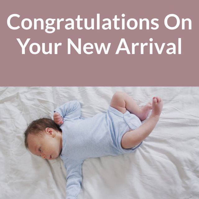 Adorable greeting card for new baby arrival featuring an adorable Caucasian infant lying on a white bed. Perfect for celebrating new parenthood, baby milestones, and baby announcements. Ideal for creating personalized greeting cards, baby-related announcements, and congratulations messages for new parents.