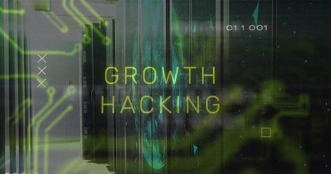 Growth Hacking neon overlay on data center racks with cyber circuitry HUD and ambient glow