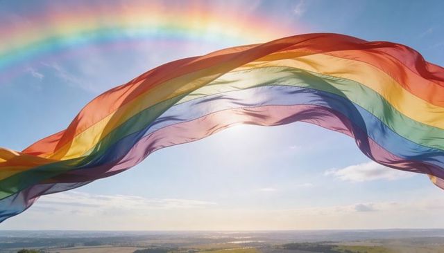 Billowing translucent rainbow fabric backlit by sun over countryside with rainbow arc sky