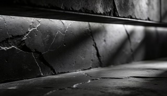 Moody close-up of cracked concrete stair with hairline fissures and recessed lighting