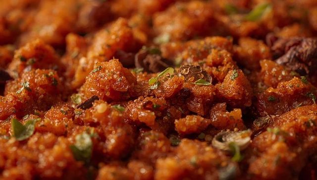Macro spiced red relish with herbs and olive oil rustic glossy crumble