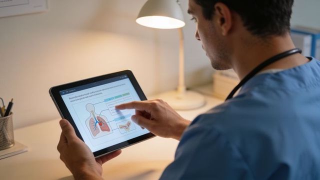 Doctor pointing at lung diagram on tablet while reviewing respiratory anatomy and diagnostics