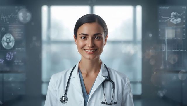Confident female doctor smiling with stethoscope and diagnostic data holographic overlays