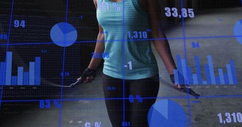Female athlete pausing with jump rope showing fitness analytics and workout data visuals