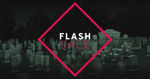 Eerie flash sale graphic in spooky cemetery setting