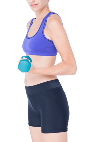 Fit woman wearing sportswear lifting blue dumbbell on transparent background