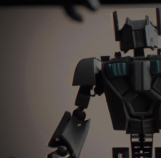 Image of side view of black robot with copy space on grey background. Artificial intelligence and robots concept.