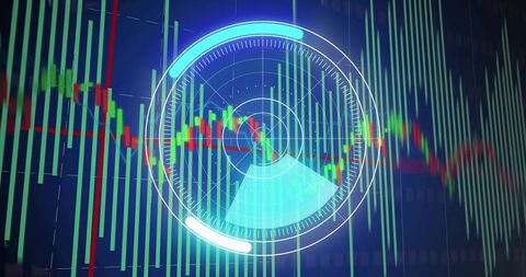 Futuristic financial dashboard showing radar HUD over candlestick market chart
