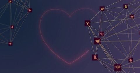 Neon heart network with glowing nodes and golden lines representing digital connectivity