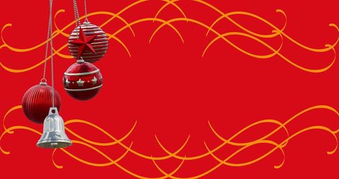 Festive Christmas Ornaments and Bells on Decorative Red Background