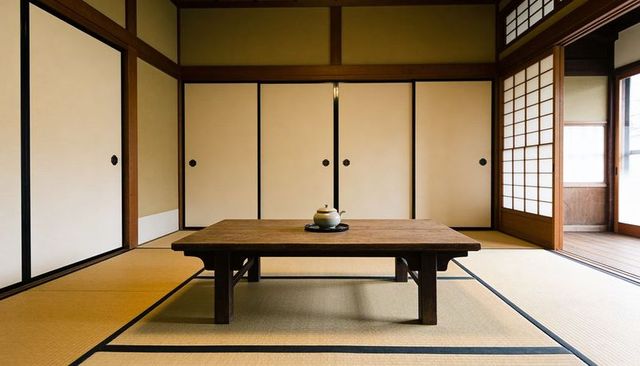 Minimalist japanese tatami room showing low chabudai with ceramic teapot and shoji light