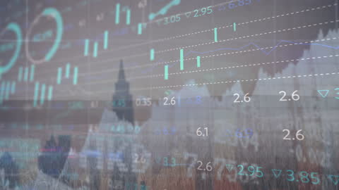 Animated Stock Market Data Overlay on Urban Skyscraper