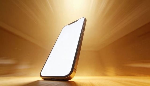 Golden backlit smartphone leaning on wooden table with blank notch screen and metal frame