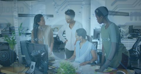 Diverse Team Collaborating in Modern Tech Office with Futuristic Data Overlay