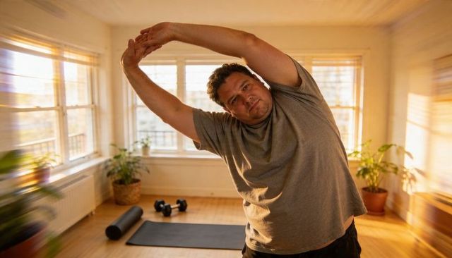 Hispanic man stretching at home gym in golden sunlight with yoga mat and dumbbells
